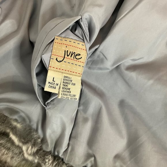 June Grey Reversible Rabbit Fur Jacket Leather Trim/polyester Side Jacket Size L - Picture 12 of 16